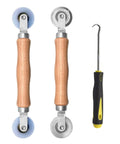 Front view of BAYTORY 3-piece screen tool set with wooden-handled rollers and a hook tool