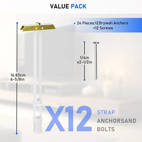 Heavy Duty Hollow Wall Anchor Kit With Included 1/4-20 Bolts, suitable for TV mounts and shelves, 12 pack shown unassembled