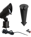 Outdoor Backyard Landscape Lighting LED 12V Medium Size Accent Light With Adjustable Beam Angle And Brightness Control 50 To 1300 Lumens 3000K Warm White Built In LED Black Finish with mounting spike and connectors.
