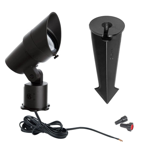 Outdoor Backyard Landscape Lighting LED 12V Medium Size Accent Light With Adjustable Beam Angle And Brightness Control 50 To 1300 Lumens 3000K Warm White Built In LED Black Finish with mounting spike and connectors.