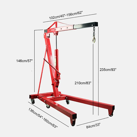 Heavy Duty 2 Ton Hydraulic Engine Hoist Cherry Picker Shop Crane With Telescopic Boom And Dual Wheel Casters size dimensions in cm and inches.