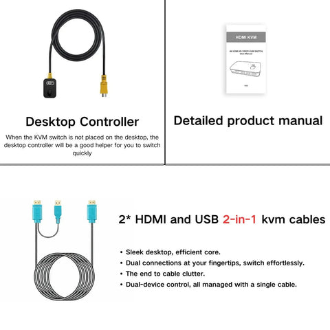 Two PC HDMI USB KVM Switch For Sharing A 4K Monitor Keyboard Mouse And Printer With Two Cables Included, manual, controller