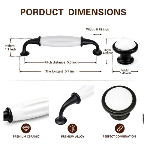 Slick Farmhouse Cabinet Knobs And Pulls Set 12 Piece Hardware Kit featuring 5 Inch center spacing with white ceramic and matte black alloy design.