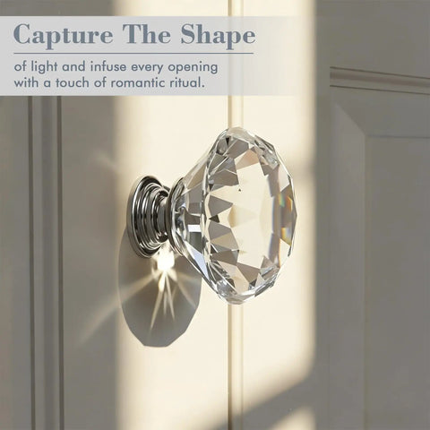 Crystal Cabinet Knobs Set For Dresser With Two Screws, 1 9/16 Inch clear silver finish knob reflecting light on door