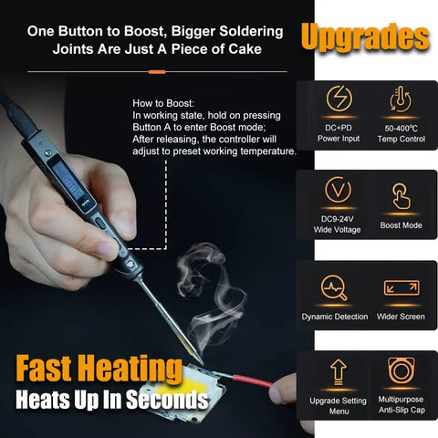 Hand using TS101 Soldering Pen Upgraded From TS100 Dual Power 65W DC And 45W PD Smart Mini Portable Soldering Iron Station Kit with BC2 Tip