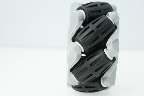 Close-up view of 60Mm Mecanum Omni Wheels For DIY Robot Builds All Direction Drive Wheel Set showing ABS rubber in gray and black.