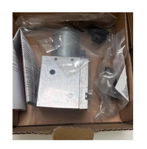 Front view of electric proportional valve in silver metal housing with mounting holes, boxed with manual.