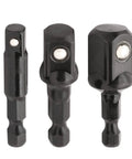 Three Piece Stubby Impact Socket Adapter And Extension Kit With One Quarter Inch Drive Three Eighths Inch Drive And One Half Inch Drive At A Compact Length One Point Six Inches Made From Impact Grade Chrome Vanadium With Black Phosphate Finish And Detent