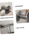 Self Adhesive Bathroom Wall Towel Rack in Gray No Drill Metal Organizer Multipurpose Holder for Towels Slippers and Clothes Water Resistant and Heavy Duty Load Bearing Doubles as Shoe Rack, showing wall installation and simple design in close-up views.
