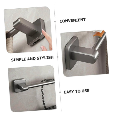 Self Adhesive Bathroom Wall Towel Rack in Gray No Drill Metal Organizer Multipurpose Holder for Towels Slippers and Clothes Water Resistant and Heavy Duty Load Bearing Doubles as Shoe Rack, showing wall installation and simple design in close-up views.