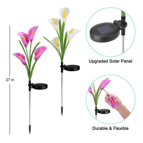 Three Pack Solar Garden Stake Lights With Realistic Calla Lily Flowers, Waterproof Outdoor LED Path Lights, Seven Color Changing LEDs