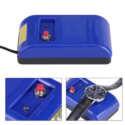 Demagnetizer Tool For Mechanical Watches, Easy Demagnetizing Device, blue, 110V 220V, compact repair kit with wristwatch detail