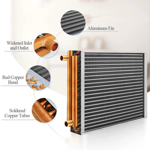 Water To Air Heat Exchanger 12x12 With One Inch Copper Ports, aluminum fins, copper tubes, for outdoor wood furnaces