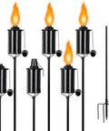 Outdoor Metal Torch Set Six Pack, 16oz Citronella Torches With Five Prong Grounded Stakes, Adjustable Height For Patio Garden Pathway Lighting And Cozy Backyard Ambience, shown with flames and stake.