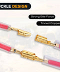 Close-up of 3.9mm Bullet Connectors Set For 22-16 AWG Wire, Brass Male And Female Terminals With Insulation Sleeves.
