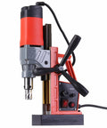 Powerful 1280W Portable Magnetic Drill Press With Super Strong Electromagnet For Heavy Duty Metal Drilling Tasks Up To 1 Point 38 Inch Core Diameter And 660 RPM Speed For Industrial Job Sites, side view showing motor and controls.