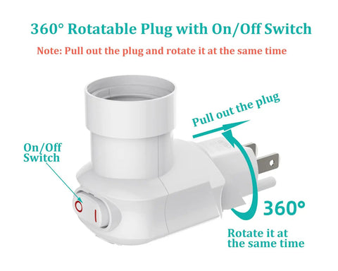 Plug In Light Socket Adapter From Outlet To Socket 360 Degree Rotating Plug With On Off Switch ETL Listed White Fire Retardant PC ABS