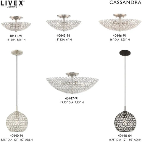 Cassandra 4 Light Brushed Nickel Ceiling Mount Fixture with K9 Crystal Glass display of various sizes in modern design.