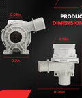 Washer Drain Pump Assembly Replacement For Front Load LG Models AHA75673404 AP6978814 PS12748410 Fits WT7800CV WT7100CW WT7060CW WT7300CV WT7800CW WT7900HBA WT7150CW WT7305CW WT7305CV WT7250CW WT7405CW, white plastic, front and side views with dimensions