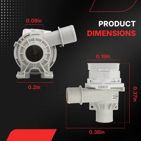 Washer Drain Pump Assembly Replacement For Front Load LG Models AHA75673404 AP6978814 PS12748410 Fits WT7800CV WT7100CW WT7060CW WT7300CV WT7800CW WT7900HBA WT7150CW WT7305CW WT7305CV WT7250CW WT7405CW, white plastic, front and side views with dimensions