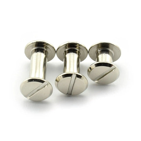 Fifty Heavy Duty Chicago Binding Screws For Real Leather Goods And Tough Belt Tacks Totally Rock Solid Nickel Coated M4 Fasteners, three screws close-up.