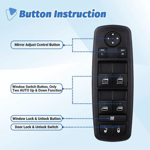 Diagram of Power Window Switch With Door Lock For Dodge Ram 1500 2500 3500 Quad Cab Crew Cab Pickup 2009 2010 2011 2012 with button labels