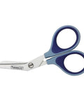 Titanium Bonded Trauma Shears 4 Inch Bent First Aid Scissors With Non Stick Blades For Nurses And Ems Teams displayed at an angle with blue handles.