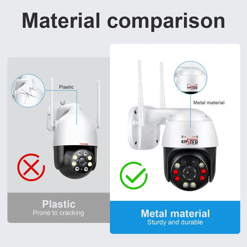 Material comparison of Outdoor 5MP PTZ WiFi Security Camera With Auto Tracking And Floodlight Color Night Vision; plastic vs metal