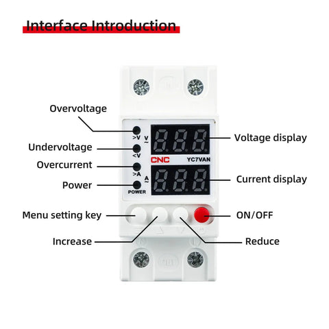 Front view of a Smart Circuit Breaker with overvoltage and undervoltage protection, adjustable settings, and digital display.
