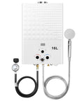 Propane Tankless Water Heater On The Go 4.21GPM 16L Portable Outdoor Gas Hot Water Heater Instant On Demand Water with accessories shown