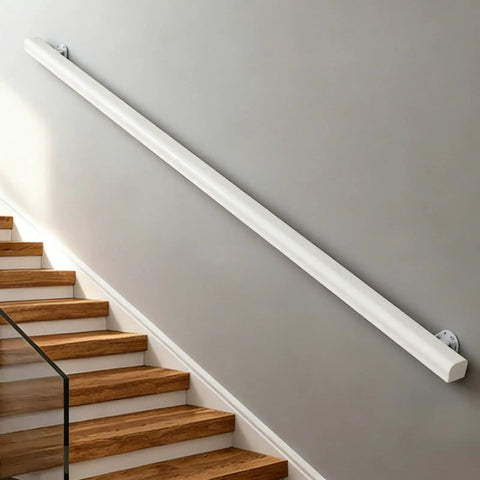 Solid Pine Wood Wall Mount Grab Bar, Tough As Nails Non Slip Staircase Handrail, Heavy Duty Safety Rail For Elderly And Families, Smooth Finish Indoor Outdoor Guardrail With Secure Brackets, 3 Ft Length For Home And Backyard installed on a staircase wall.