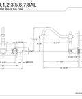 Technical drawing of Heritage Roman Tub Faucet In Brushed Nickel With Solid Brass Construction Wall Mount Installation details.