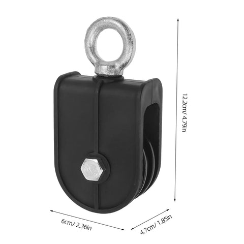 Two Pack Silent Rotating Bearing Pulley Block Set For DIY Gym Gear, Heavy Duty Cable Roller Wheel With Detachable Traction System, Quiet Operation, Supports Up To 100kg, ABS Housing And Galvanized Steel Wheel. 12.2cm black pulley block with galvanized steel eye bolt and ABS housing