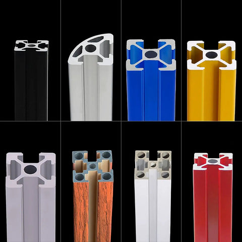 Various colored aluminum extrusion profiles including black, silver, blue, yellow, and red, shown in a grid arrangement.