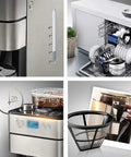 Fully Automatic All In One Coffee Maker With Grinder Drip And Espresso Style Brewing One Touch Operation One Point Five Liter Water Tank 1000W Power Anti Drip Fine Filtration Adjustable Grind Metallic Finish Compact Home Coffee Machine next to dishwasher, with control panel, coffee beans, and filter components shown.