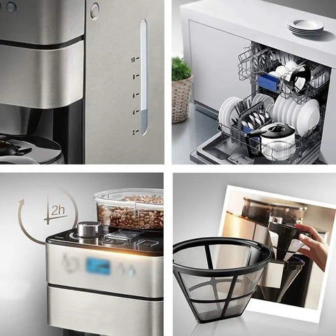 Collage showing Fully Automatic Coffee Machine With Built In Grinder Anti Drip Design One Button Operation Adjustable Grind Size 1.5L Water Tank 1000W Power Metal Finish Home Use including close-ups and parts.