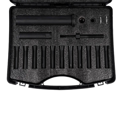 Pro Grade Dowel Pin Puller Master Kit With In-Line Pulling For Fast, Straight Pin Removal organized in black foam case
