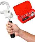 Universal Adjustable Double Ended Wrench for Faucets shown with red case and accessories, held in hand