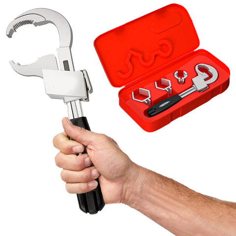 Universal Adjustable Double Ended Wrench for Faucets shown with red case and accessories, held in hand