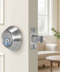 Round Single Cylinder Deadbolt Lock With 3 Keys Keyed On One Side Fits Standard Doors Satin Nickel Finish Installed on Door