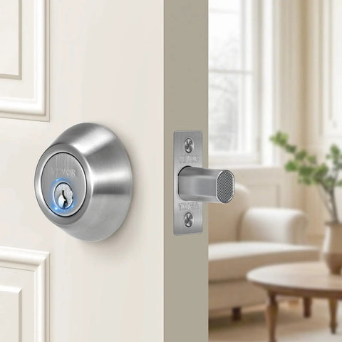 Round Single Cylinder Deadbolt Lock With 3 Keys Keyed On One Side Fits Standard Doors Satin Nickel Finish Installed on Door