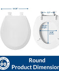Round toilet seat dimensions with white finish, detailed measurements for seat and cover; Durable Wood Toilet Seat With Easy Clean Hinges, Elongated White Six-Pack, Made In USA, Quick Release For Deep Cleaning, No Fuss, Sleek Modern Look, Sturdy Comfort For Everyday Use