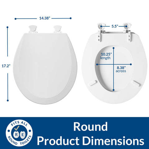 Round Ice Grey Toilet Seat With Easy Clean Hinges No Fuss One Pack Deep Cleaning Ready Slick Contours For Modern Bathrooms Durable Plastic Build Fits Standard Round Toilets shown with dimensions.