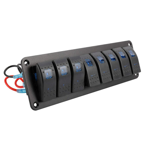 8-gang 12-24V Beefy Boat Switch Panel Illuminated Aluminum Prewired Dash Panel with 5 Pin On Off Toggle Switches and 2 LED Backlit