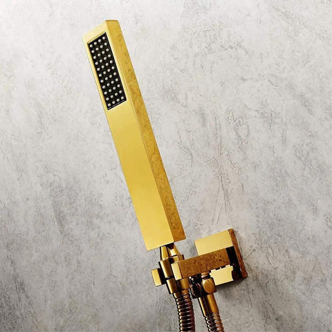 Top Shelf Thermostatic Shower System With Bumpin Bluetooth Music And Lit 64 Color LED Display Concealed PVD Gold Trim Kit Featuring Brass Valve Handheld Sprayer - Gold handheld showerhead.