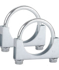 Two chrome-plated steel 2.5-inch U-bolt muffler clamps, saddle-type, anti-corrosion, Amazon brand.
