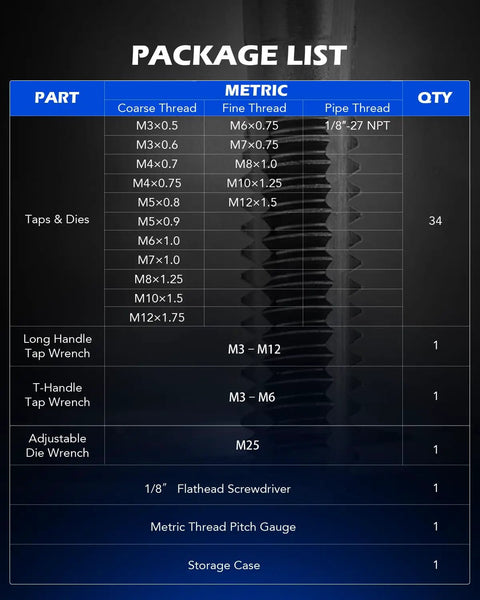 Package list for Metric Tap And Die Set Kit Pro Grade All In One With Long Handled Wrench And T Handles with thread sizes M3 to M12.