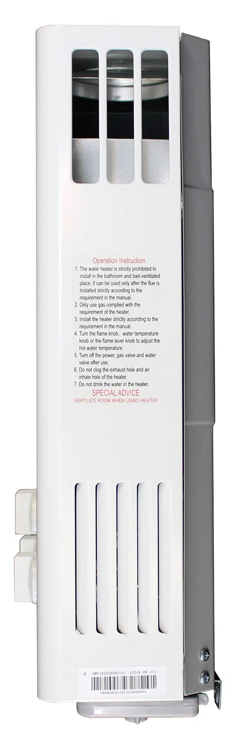 Side view of Outdoor Tankless Water Heater Propane LPG 2 GPM Portable Point Of Use With Battery Ignition For Camping RV Hunting