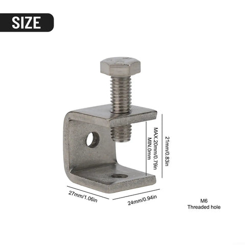 Stainless Steel C Clamps For Welding And DIY Woodworking Crafts 20mm silver metal clamp tool with M6 threaded hole and size details.
