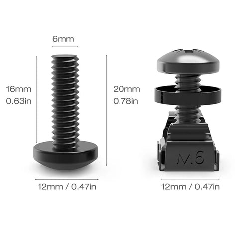 Straight Up Heavy Duty M6 Screws And Cage Nuts 60 Pack For Server Rack Shelves Cabinet Mount Hardware 1U 2U 6U 12U showing dimensions of M6 screws and cage nuts